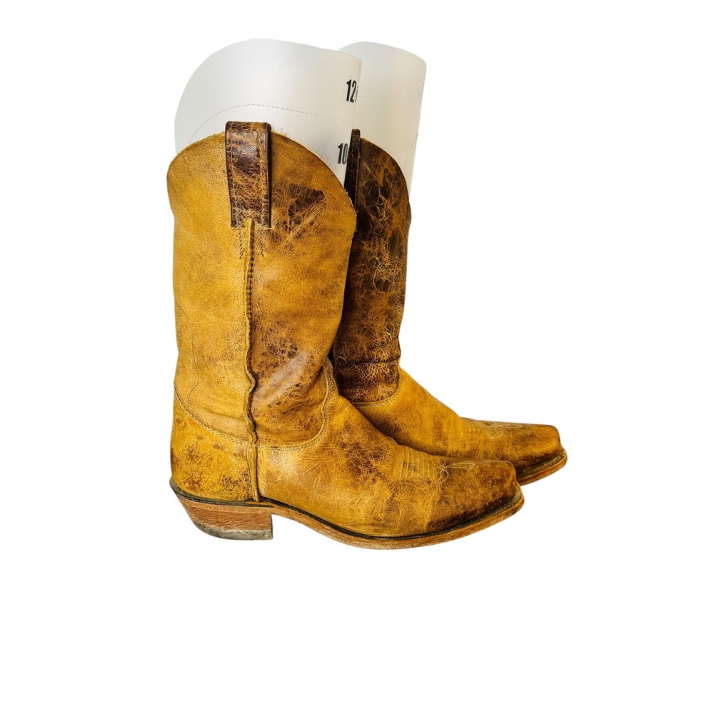 Justin Distressed Tan Leather Western Cowboy Boots Square Toe Mens 8.5 D Pull On